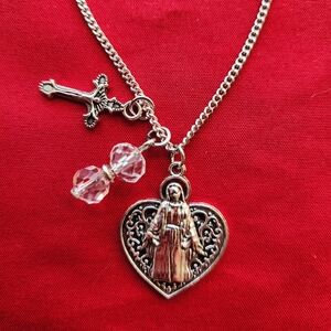 Silver Heart Pendant Necklace with Cross and Crystal Accents